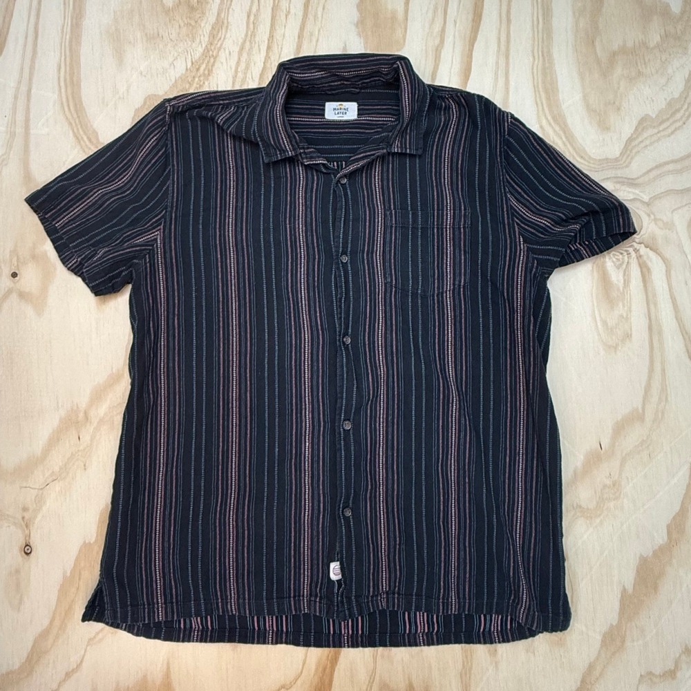 Marine Layer Mens Large Short Sleeve Striped Button Down Shirt Navy Pink Blue